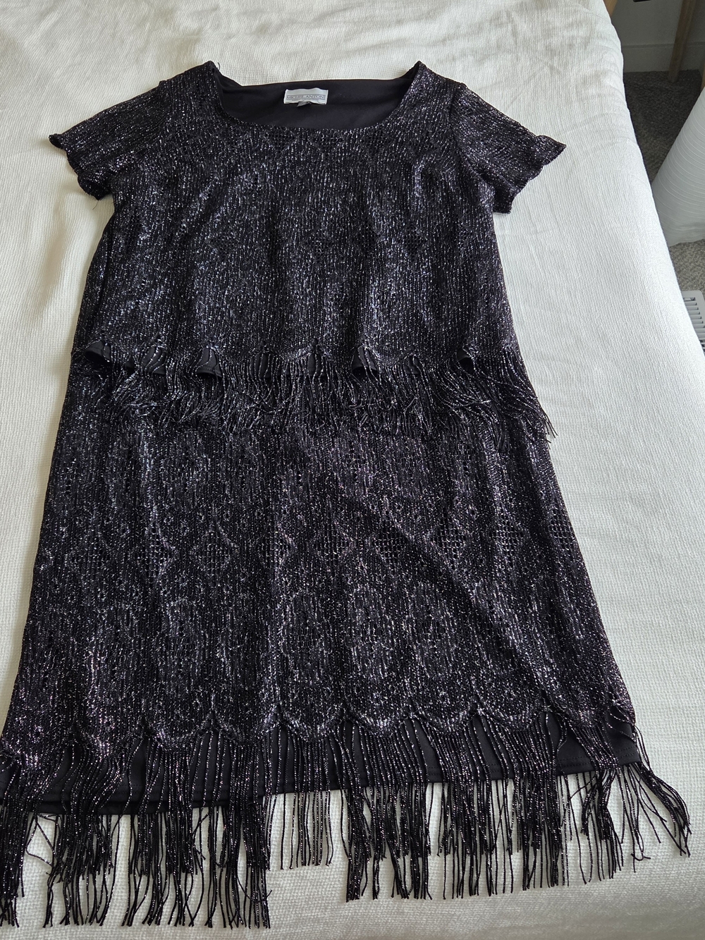 Michael Antonio Black and Purple Metallic Fringe Midi Dress